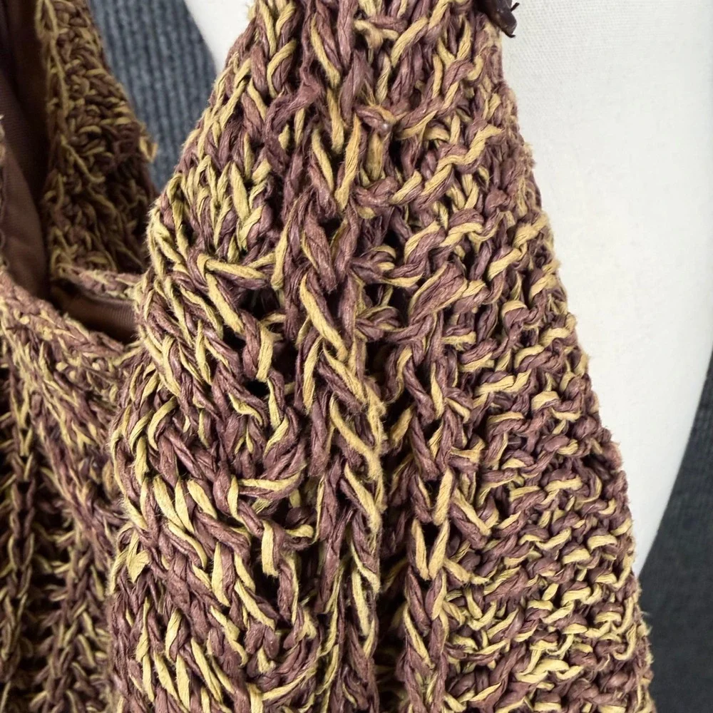 Vintage GAP 2001 Woven Raffia Hobo Bag Brown Leather Strap Textured Boho Earthy